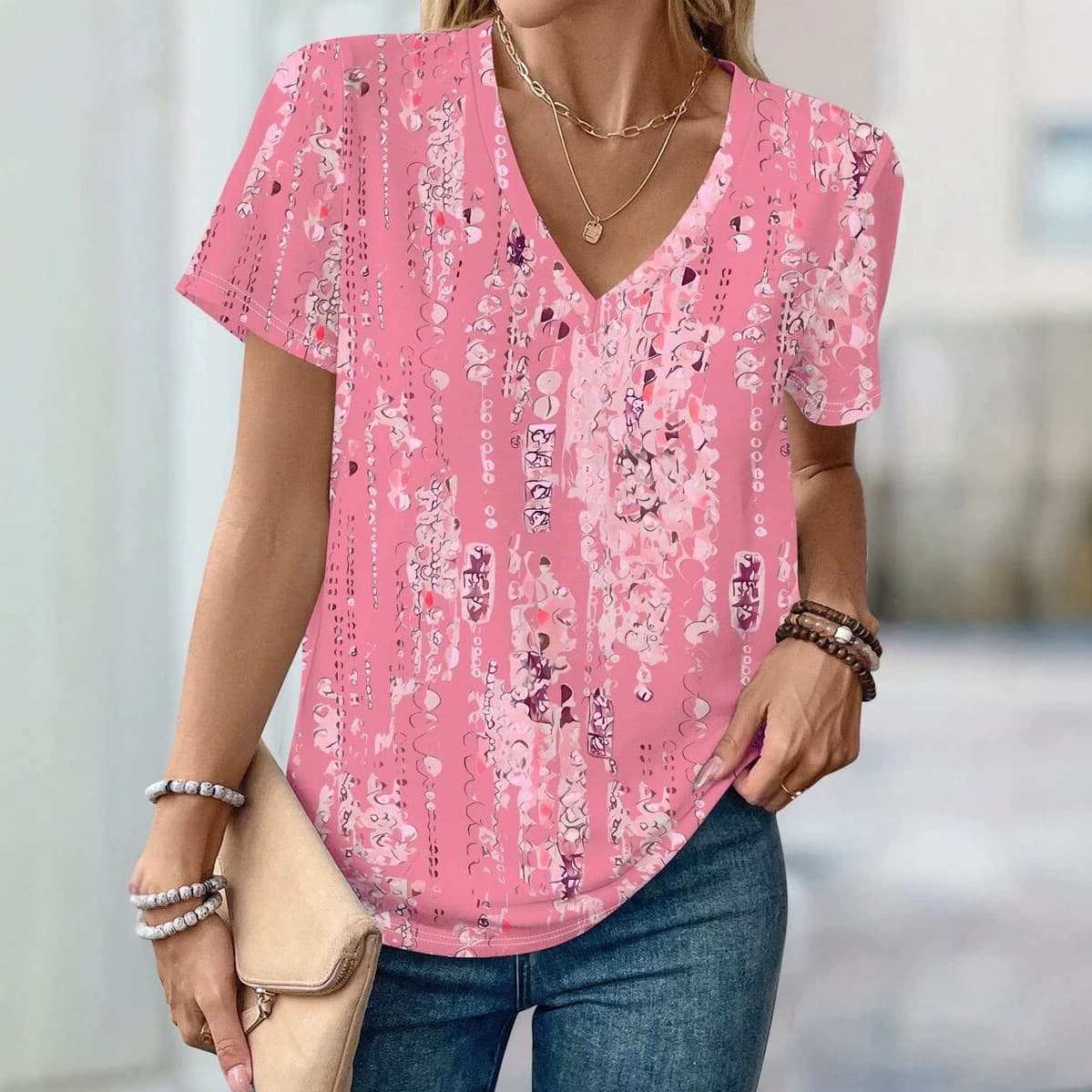 Trendy Fresh Pink Abstract Print V-Neck Short Sleeve T-Shirt Comfortable Versatile Top