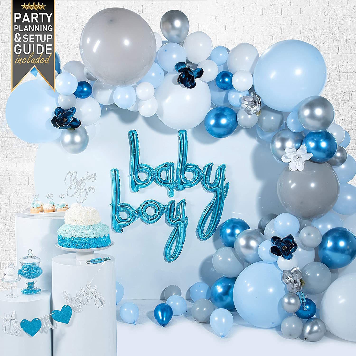 babyboy blue balloon chain combination set for baby boy's first birthday party background decoration