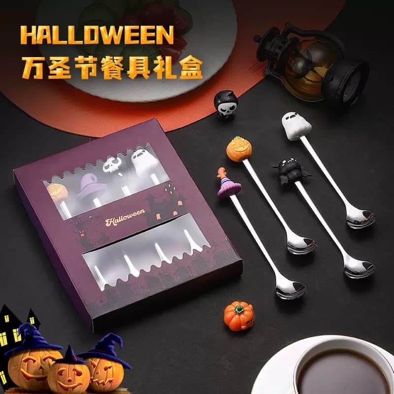 Cross-border Stainless Steel Figurine Spoon Gift Box Halloween Cutlery Set Creative Coffee Stirring Spoon Dessert Fork and Spoon