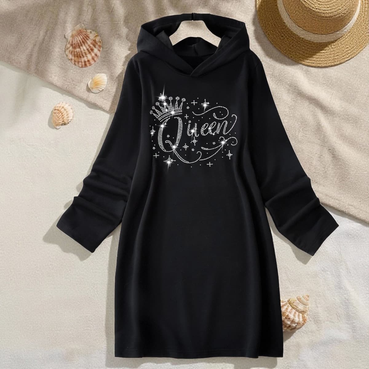 Cross-border Source Factory Girls' Autumn/Winter Crown Rhinestone Decor Hoodie Teen Long Sleeve Casual Dress