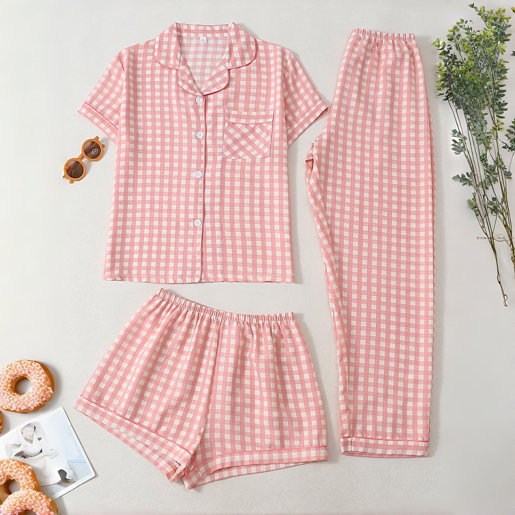 Women's Loose Casual Homewear 3-Piece Set, Export Printed Women's Pajamas Short Sleeve Shorts and Long Pants 3-Piece Set