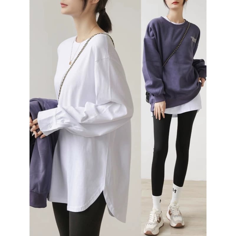 Cross-border pure cotton plus size long-sleeve shirt for women, mid-length spring and autumn base layer, curved hem sweatshirt inner layer, loose fit