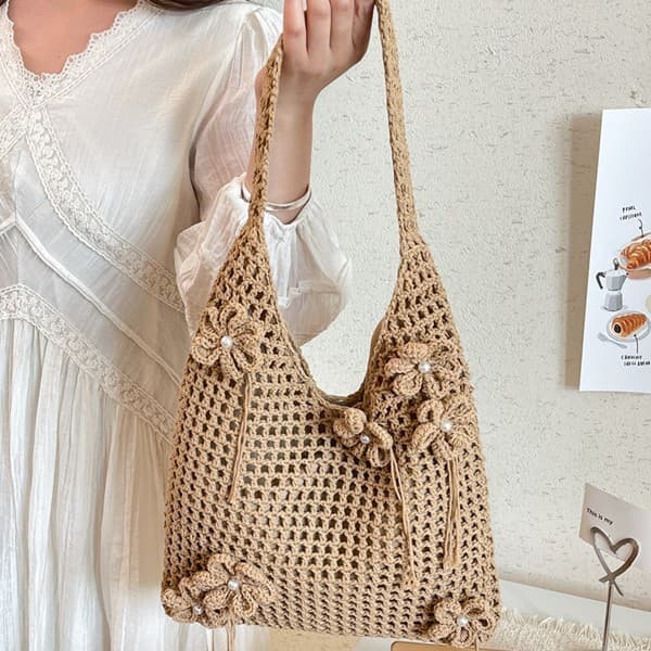 Cross-Border Woven Tote Bag Hand-Crocheted Hollow Out Shoulder Bag Women's New Beach Daily Fashion Versatile Flower Bag