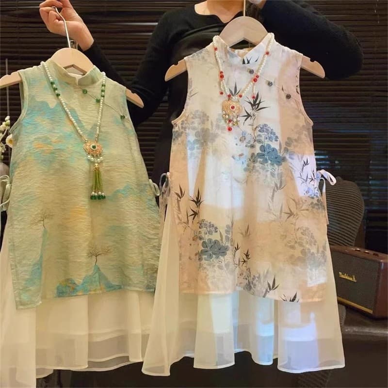 2025 Fashionable Girls' Cheongsam Summer New Chinese Print Dress Long Dress Baby Chinese Style Dress