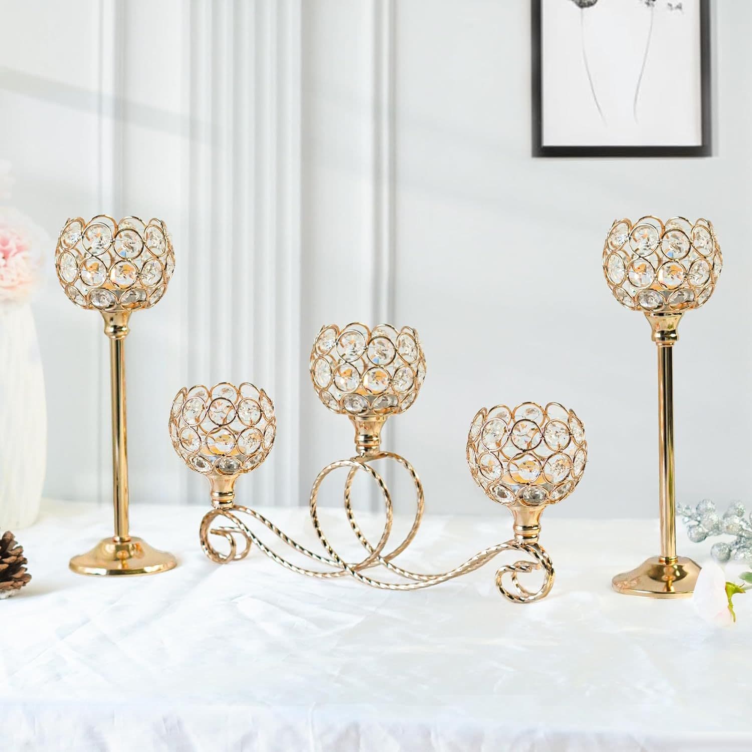 Amazon Metal Plating 3 Heads 5 Arms Combination Crystal Tea Light Candle Holder Elegant Wedding Table Centerpiece Candlestick