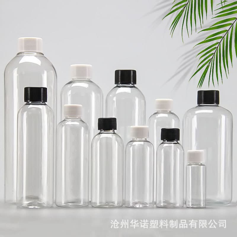 In-stock 30ml, 100ml, 500ml screw-top plastic bottles, PET transparent liquid refill bottles, round-shoulder sealed sample jars