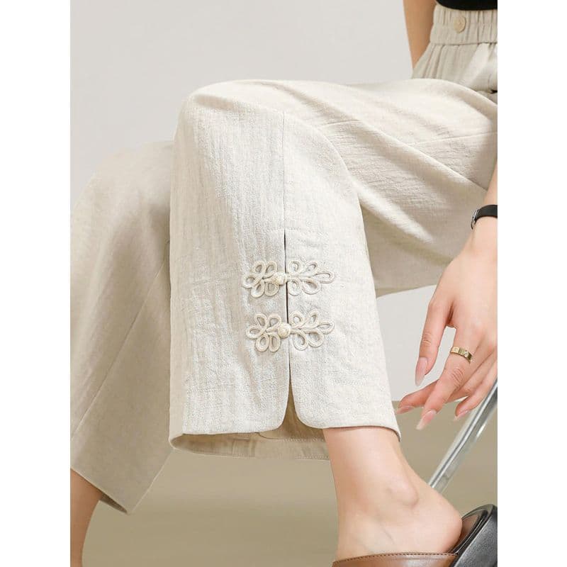 Spring and Summer New Chinese-Style Elastic Waist Slimming Women's Pants with Buttoned Cuffs, Nine-Point Cotton-Linen Casual Straight-Leg Pants