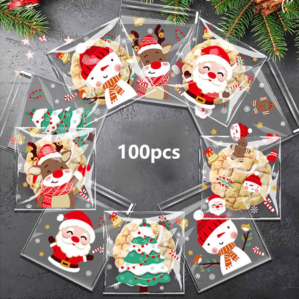 100-pack of five Christmas-themed OPP self-adhesive bags for candy, chocolate, snacks, baking, cookies, and desserts.