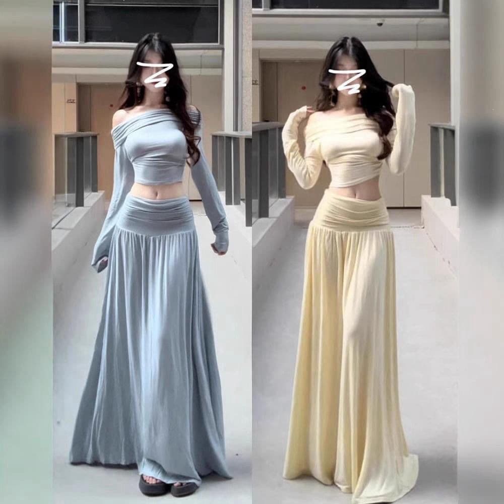 Slim long-sleeved top for women pleated pure lust short long skirt two-piece half-length autumn one-shoulder high-waisted French style