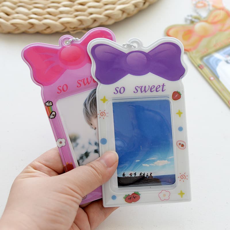 Wholesale supply of Korean-style bow photo card charms, keychains, card holders, and card clips with 2 card slots.