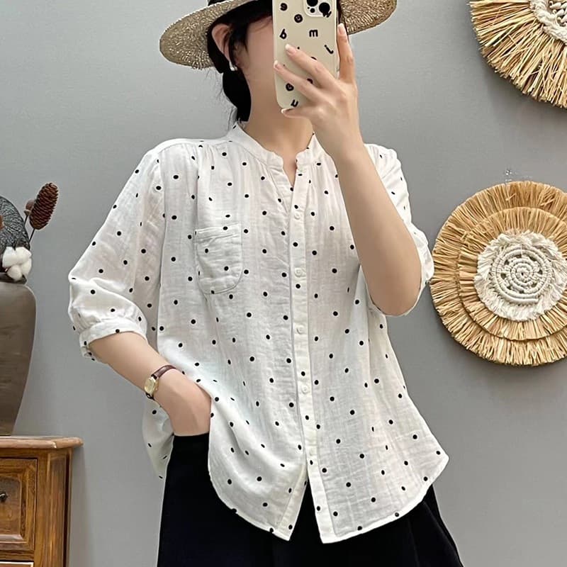 Summer Double-Layer Cotton Gauze Floral Print Shirt, Age-Defying Plus Size Mid-Sleeve Blouse, Casual Fashion Top for Women 6541