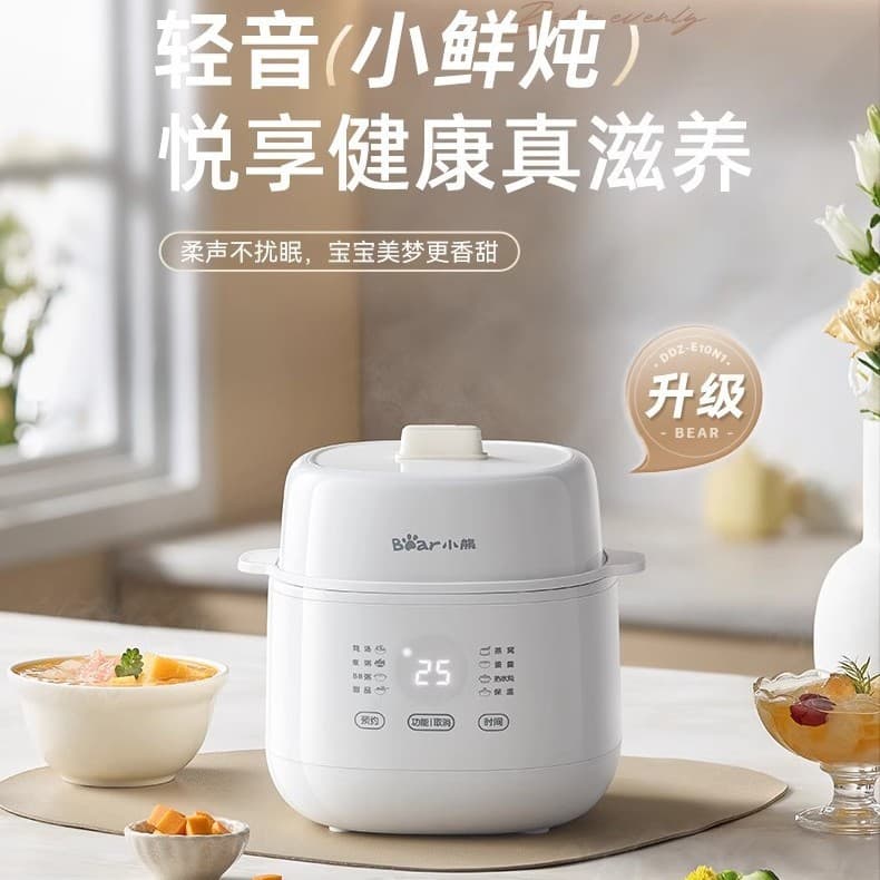 Bear Brand 1L Electric Stew Pot, Multi-functional Cooker for Soups and Porridge, Model DDZ-E10N1 with Water Bath