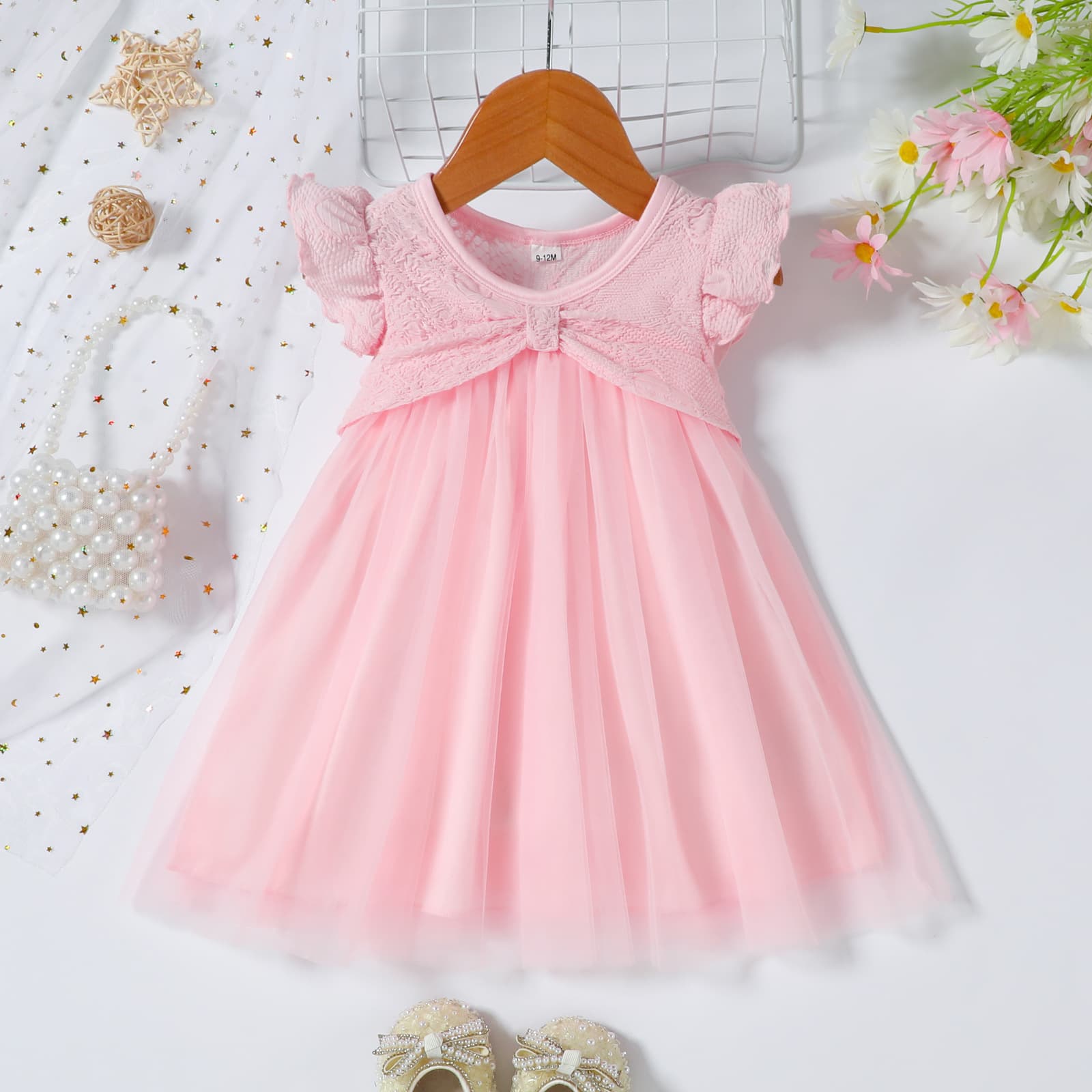 26 Years Export to Europe and America Baby Girls Summer Solid Color Textured Fabric Mesh Panel Dress
