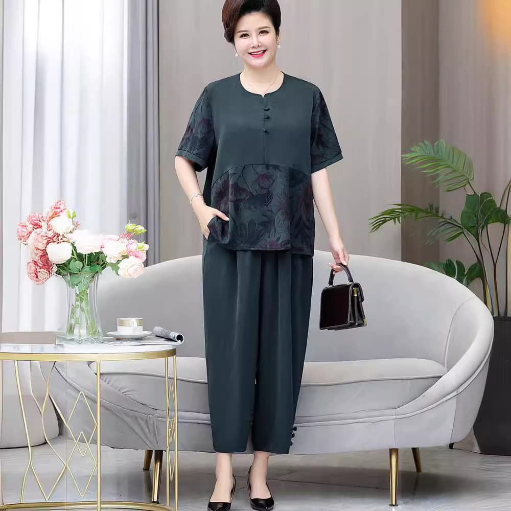 Plus Size 200 Jin Short Sleeve Set for Women, Fashionable Middle-Aged and Elderly Chiffon Two-Piece Summer Mother's Outfit