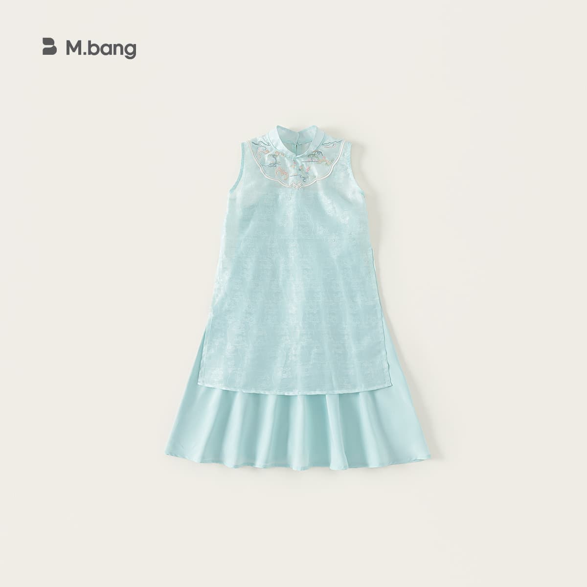 Youbao children's clothing girls' summer embroidered national style stand-collar cheongsam dress solid color suspender dress two-piece set