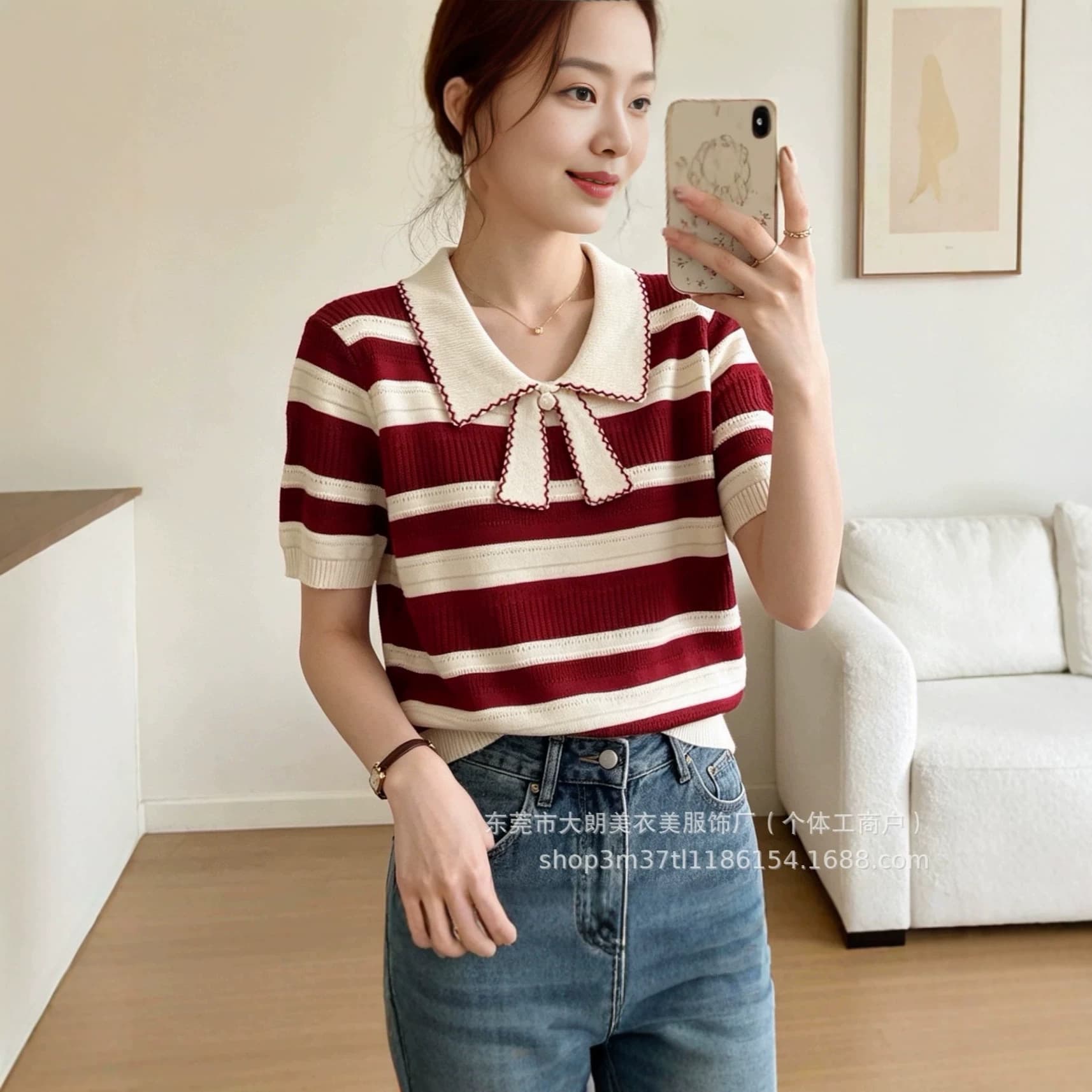 Chanel-style Doll Collar 2026 Bow-tie Versatile Knit Top Base Layer Stylish Short Sleeve Petite Women's Blouse