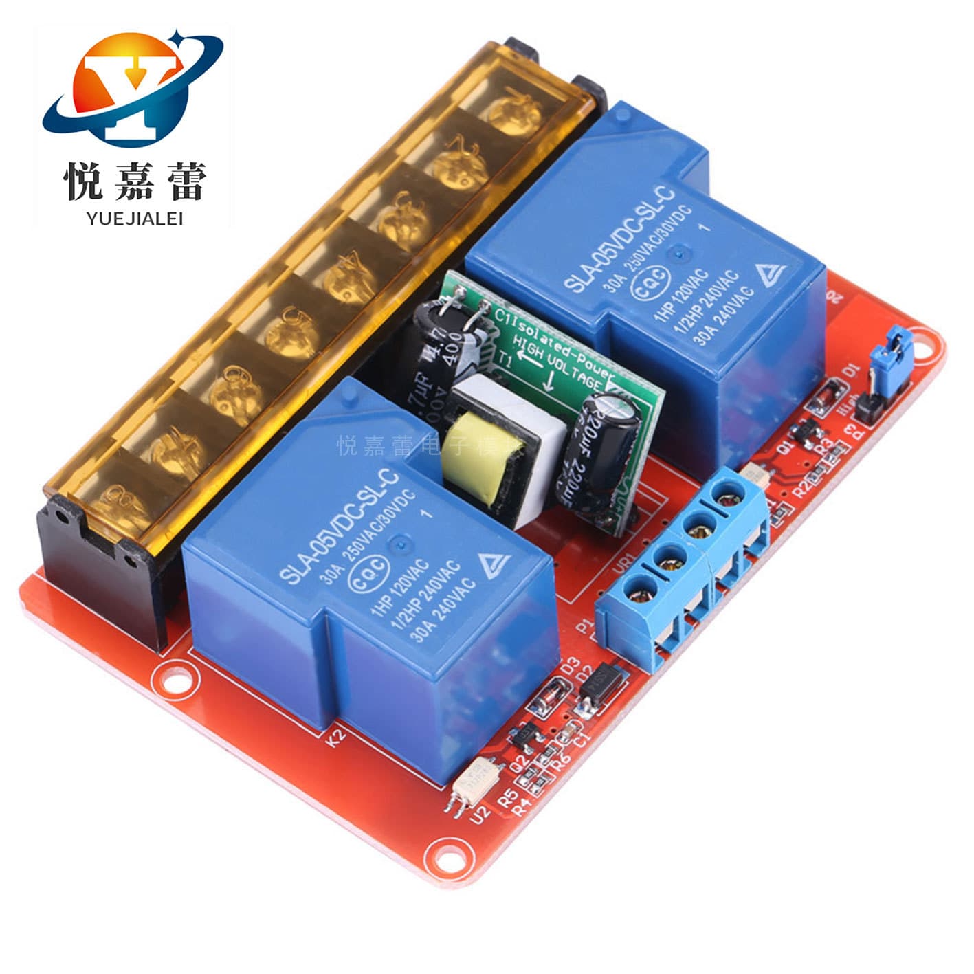 2-Channel 30A High/Low Level Trigger Control Relay Module with Isolation, DC5V/AC110/220V High Power