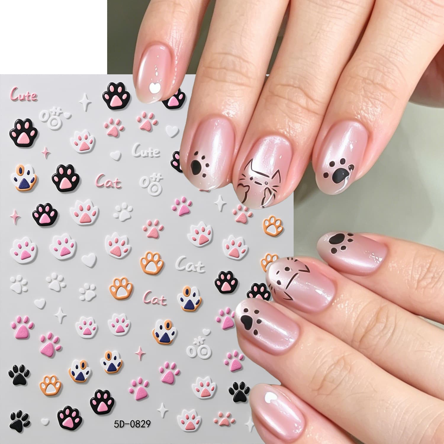 Cross-border cute cartoon cat paw manicure decoration pink cartoon cat paw print sticker + jewelry three-dimensional DIY accessories