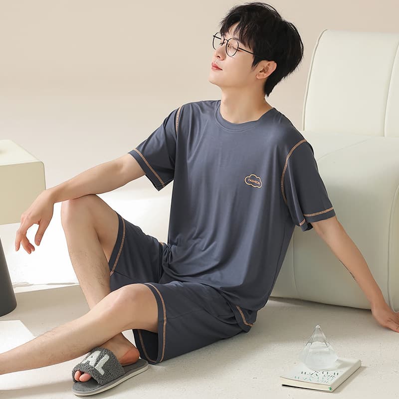 Men's Modal Pajama Set, Summer Short Sleeve Ice Silk, Youth Plus Size Loungewear, Wearable Outside