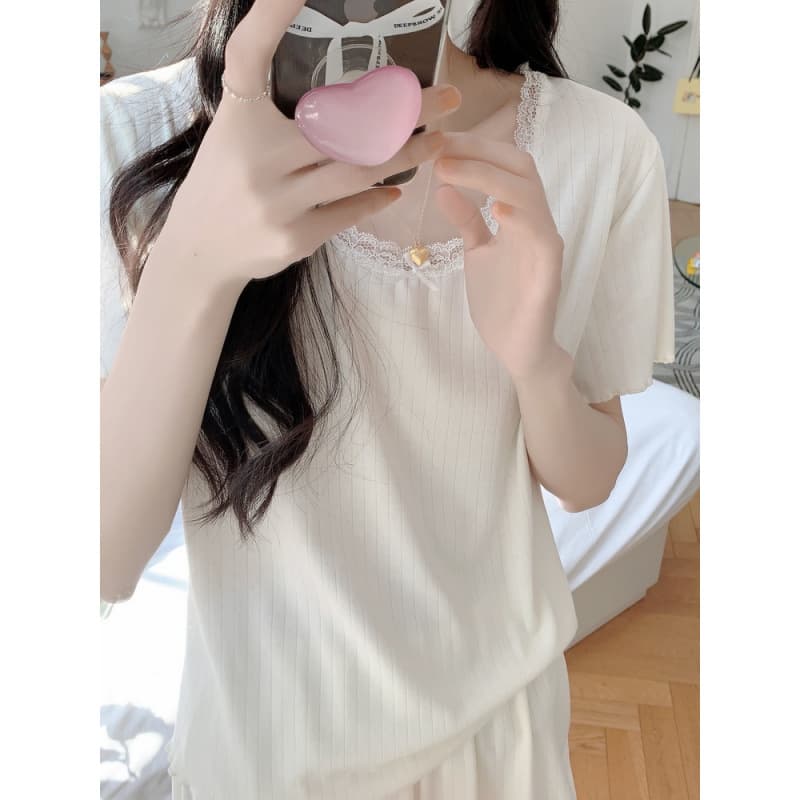 2026 Casual Pajamas for Women, Solid Color Lace Collar, Short-Sleeve Shorts, Homewear, Three-Color Comfortable Set, Korean Style