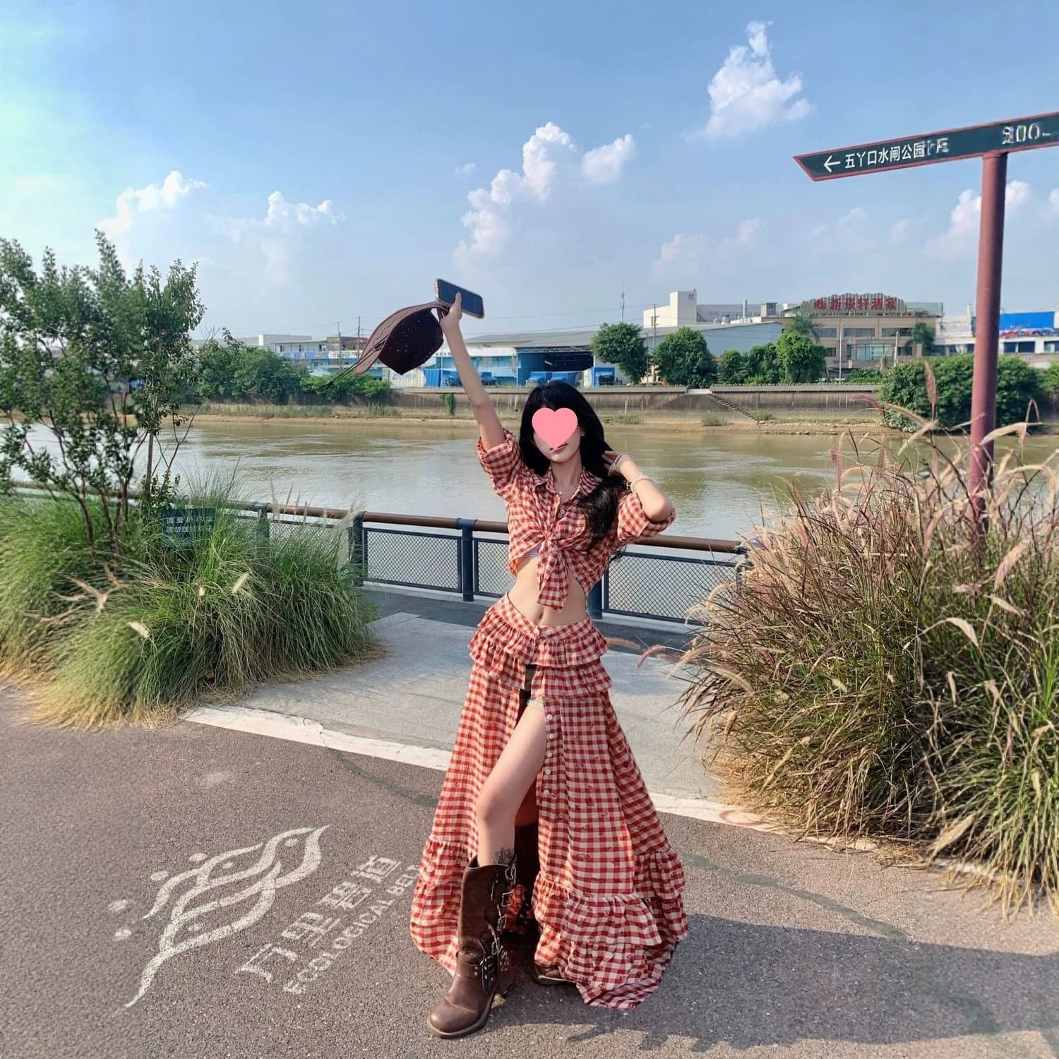 New Vacation Style Red Plaid Long Sleeve Shirt for Women, Summer Irregular Split Long Skirt Two-Piece Set