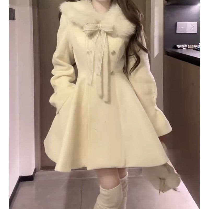 French Style Fashionable Autumn Winter Woolen Waist-Cinching Dress with Fur Collar Splicing Butterfly Knot Short Princess Skirt