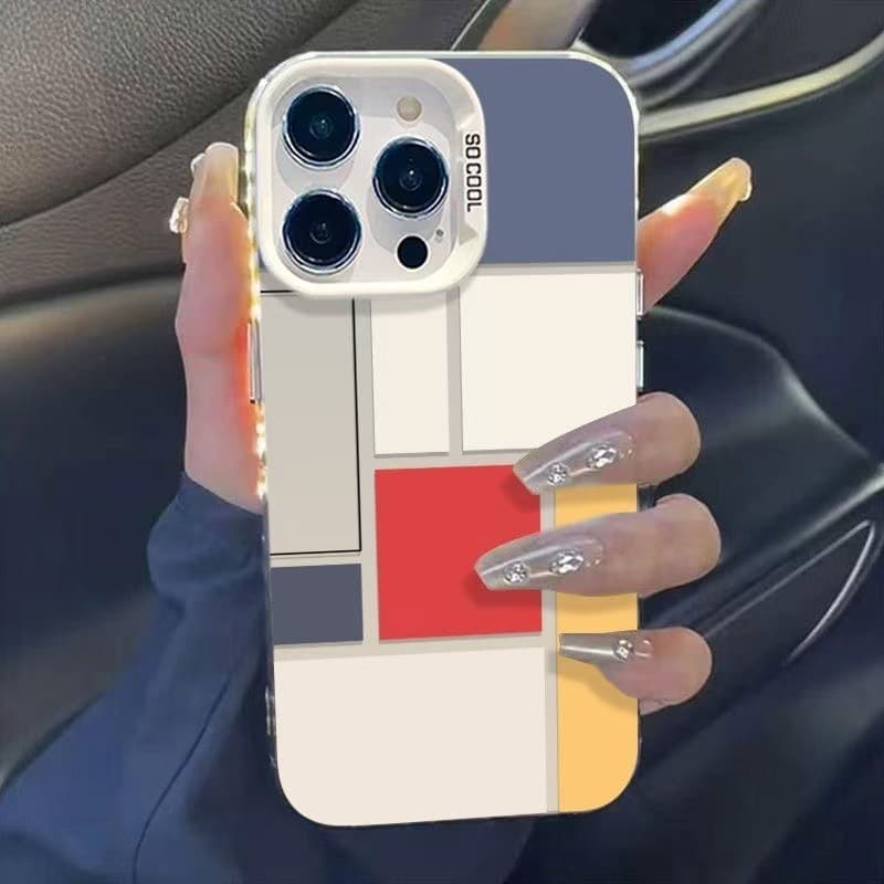 iPhone 16 Pro Max Color-Block Patchwork Square Case, New for iPhone 15, 14/13/12 Creative Lezi Color Silver Phone Case