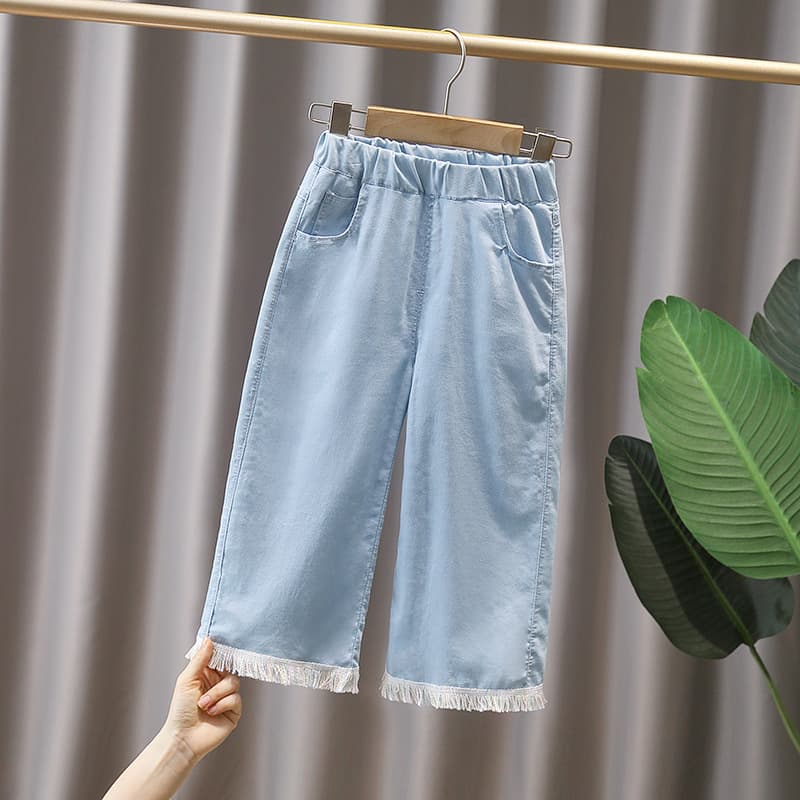 Girls' Straight Leg Denim Pants Summer Big Girl Stylish Wide Leg Pants Children's Cropped Pants Tencel Mosquito Repellent Pants