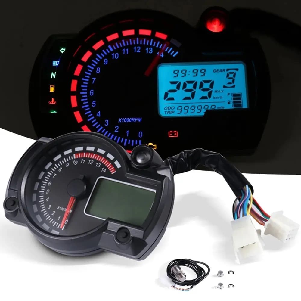 Universal LCD instrument panel for motorcycles, dual-color adjustable tachometer, electronic digital odometer for off-road vehicles.