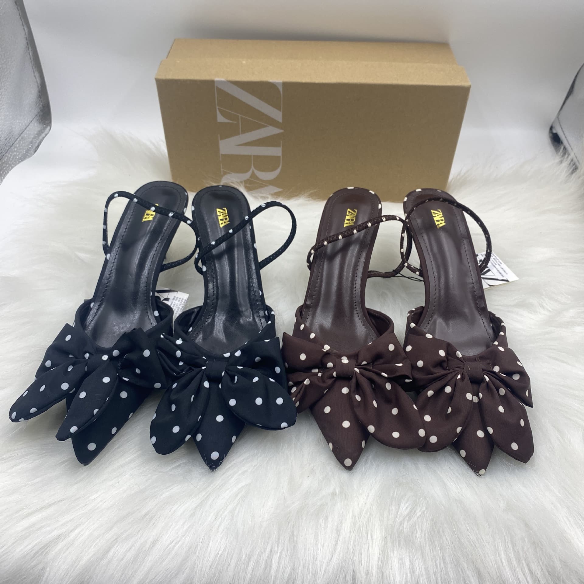 ZA2025 Spring/Summer European and American Pointed-Toe Women's Single Shoes Bow Hollow Sandals Polka Dot Fashion Women's High Heels