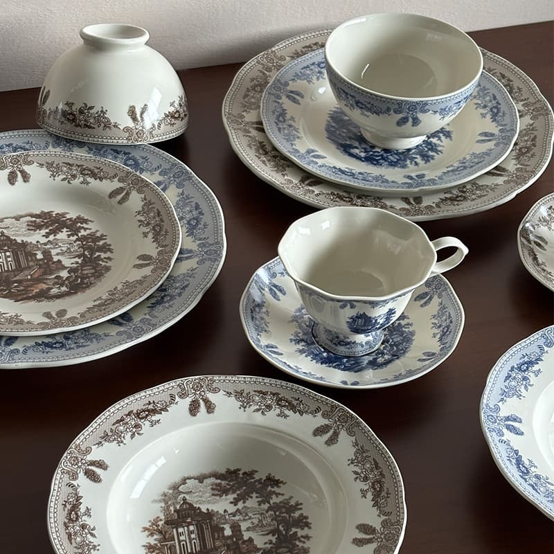 French Vintage Ceramic Tableware Set In-Glaze Color Plates Bowls Vintage Manor Character Coffee Cup and Saucer Pre-Sale