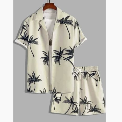 Summer trend island casual suit taro purple and white leaf printed short-sleeved shirt shorts two-piece set couple style sand