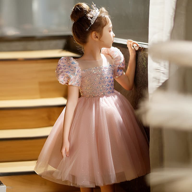 Girls' Formal Dress Pink Birthday Sweet Princess Dress 2024 New Children's Bubble Sleeve Host Piano Performance Costume