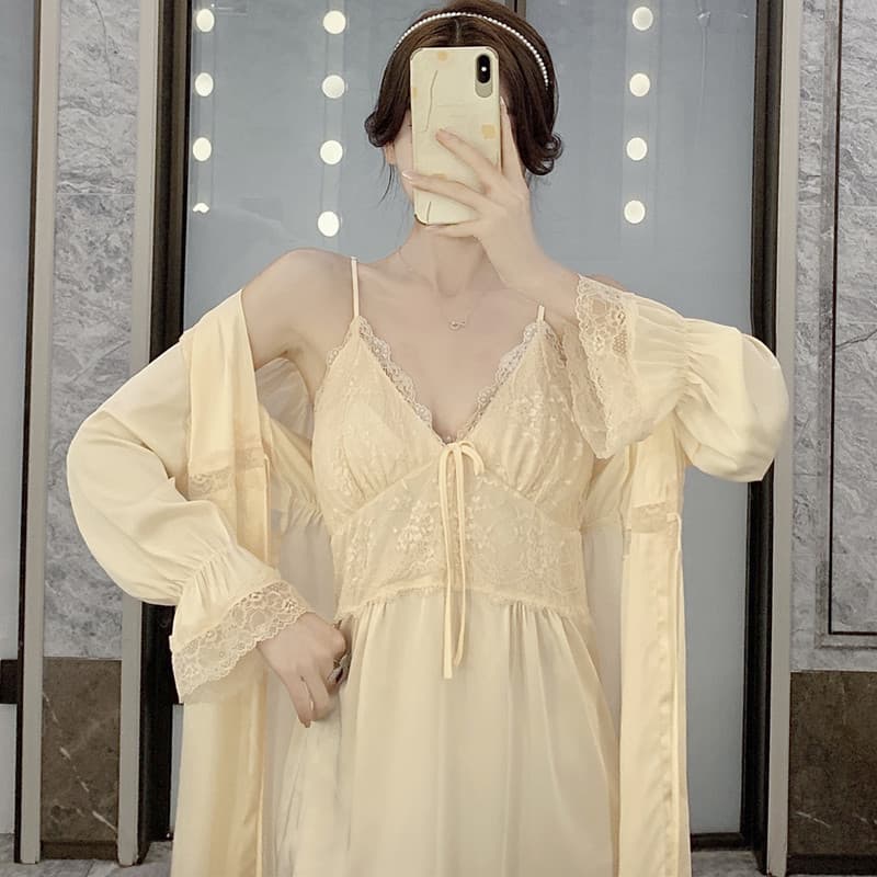 Sexy Ice Silk Pajamas Women's Cute Lace Princess Nightdress with Strap Chest Pad Nightgown Two-Piece Set Outerwear Homewear