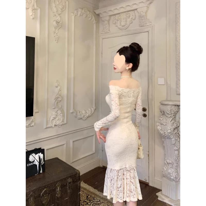 Lace Off-Shoulder Dress for Women Spring Autumn Inner Wear Elegant Bodycon Mermaid Birthday Fitted Long Dress