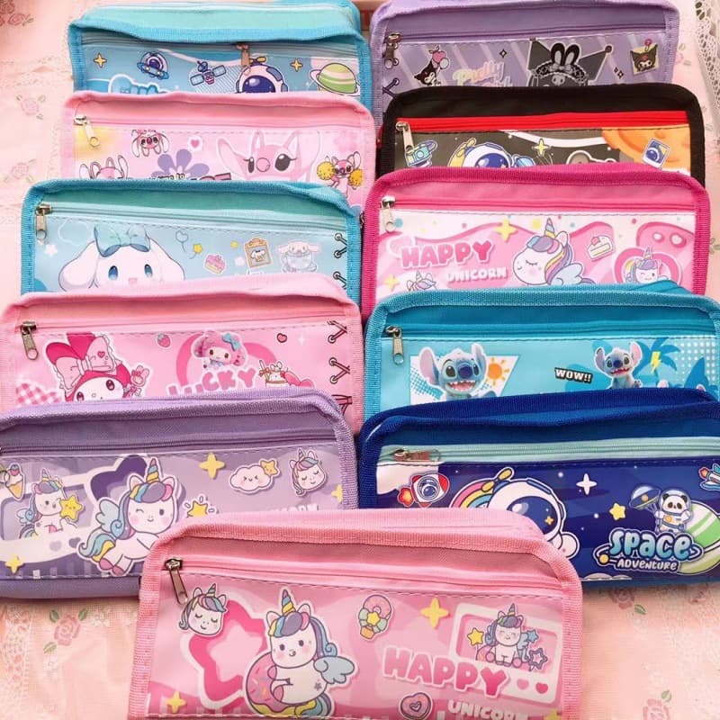 Cartoon Stitch Double-Layer Pencil Bag Cute Astronaut Unicorn Stationery Storage Bag Student Large-Capacity Pencil Bag