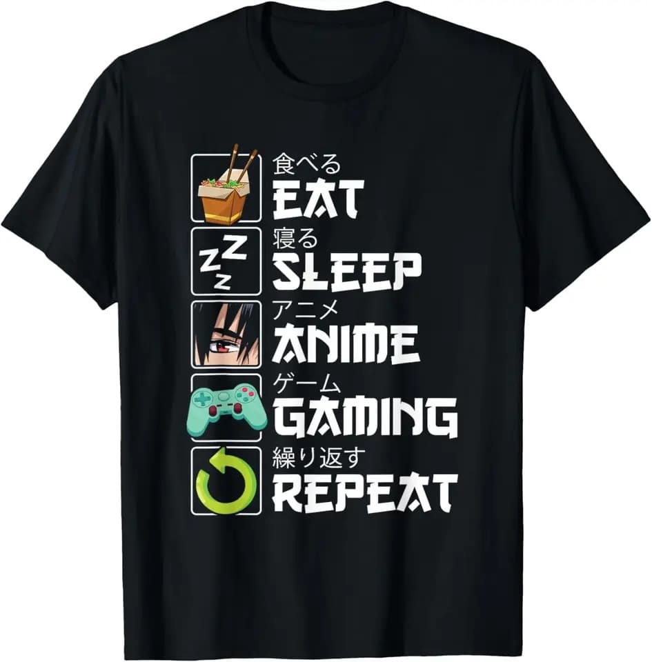Eat Sleep Anime Gaming Repeat Short Sleeve Japanese Anime Game Otaku Loose Black T-Shirt
