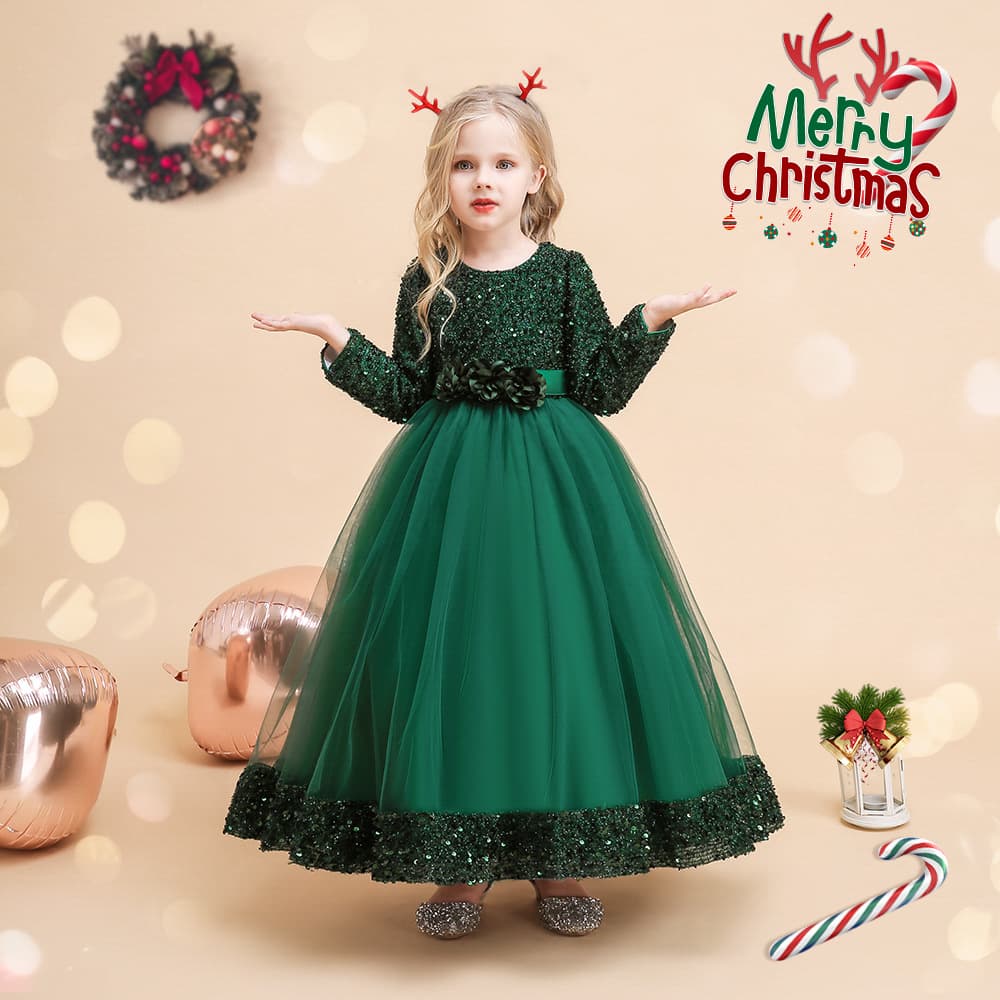 New Long-Sleeve Girls' Dress with Sequins, Tulle Ball Gown, Flower Girl Wedding Dress, Piano Performance Outfit
