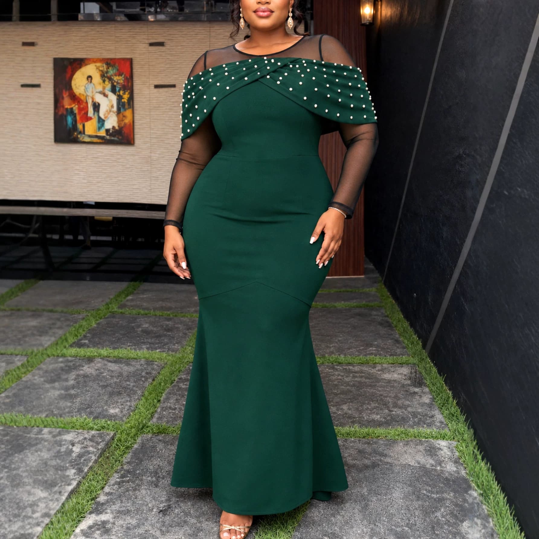 Plus size women's dark green beaded one-shoulder evening dress, flesh-covering mesh long-sleeved fishtail banquet dress