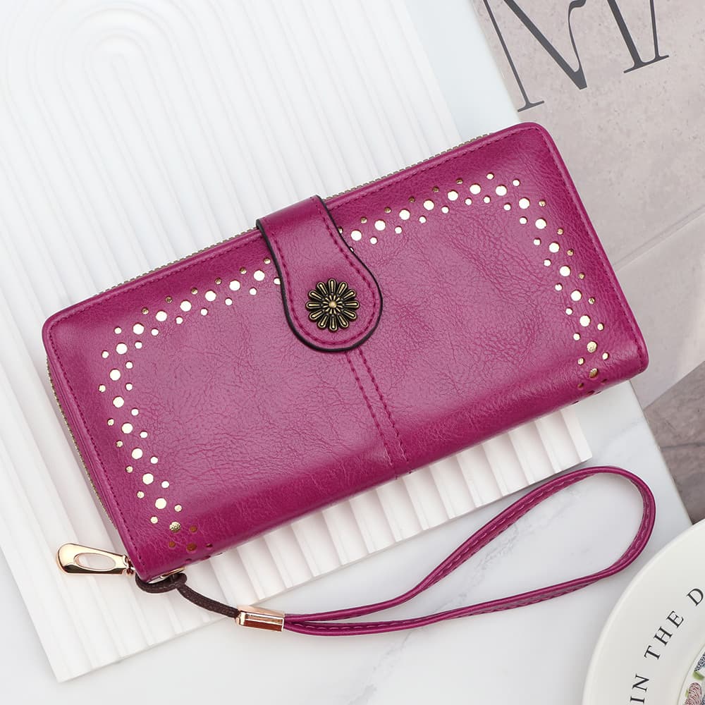 Cross-Border Hot Selling Women's Long Zipper Wallet, European and American Oily Wax Leather Hollow Pattern Coin Purse Card Holder Wallet for Women