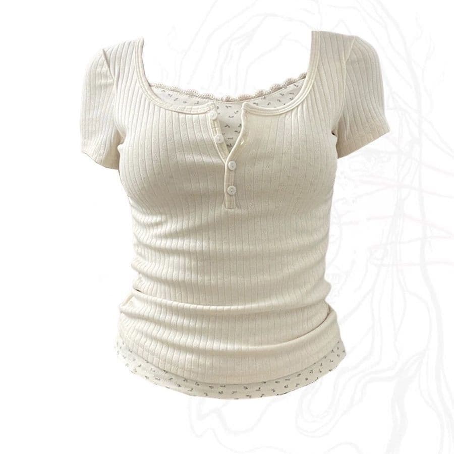 Faux Two-Piece Short Sleeve T-Shirt for Women, Lace Camisole Top, Summer New Style Short Sleeve T-Shirt, Sweet and Edgy Pure Desire Crop Top