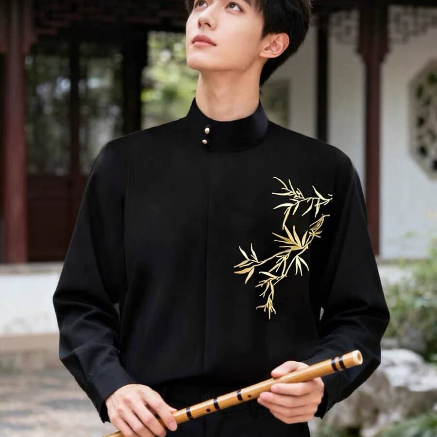 New Chinese style stand collar gold bamboo embroidered shirt men's engagement clothes light national style wedding certificate suit with shirt