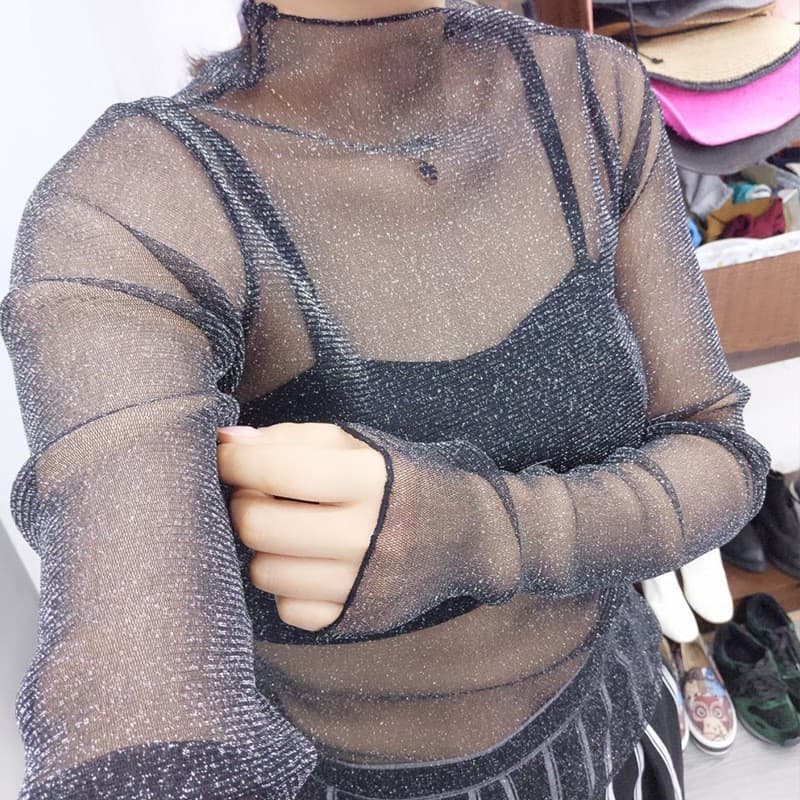 Women's Mesh Undershirt, Lace See-Through Long-Sleeve Mesh Top, New Korean Style Black Sexy Blouse
