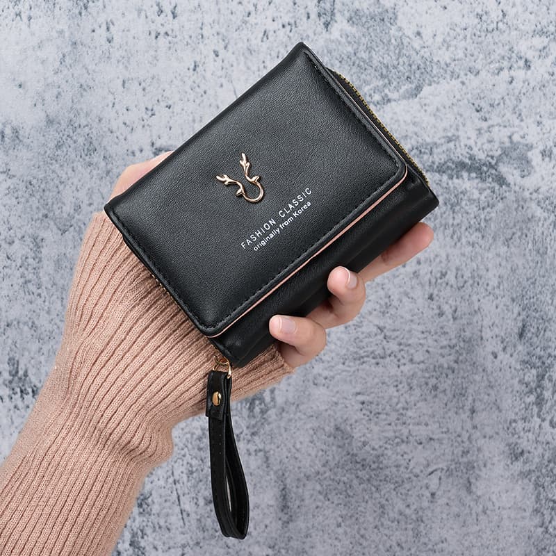 Cross-Border Women's Short Antler Wallet Leather Student Card Holder Coin Purse 2-in-1 Fashion Tri-Fold Zipper Wallet
