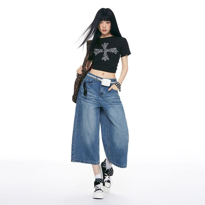 2026 Summer New American Vintage Loose Wide Leg Straight Seven-tenths Jeans Women Mid-length Pants JEANS SHORTS