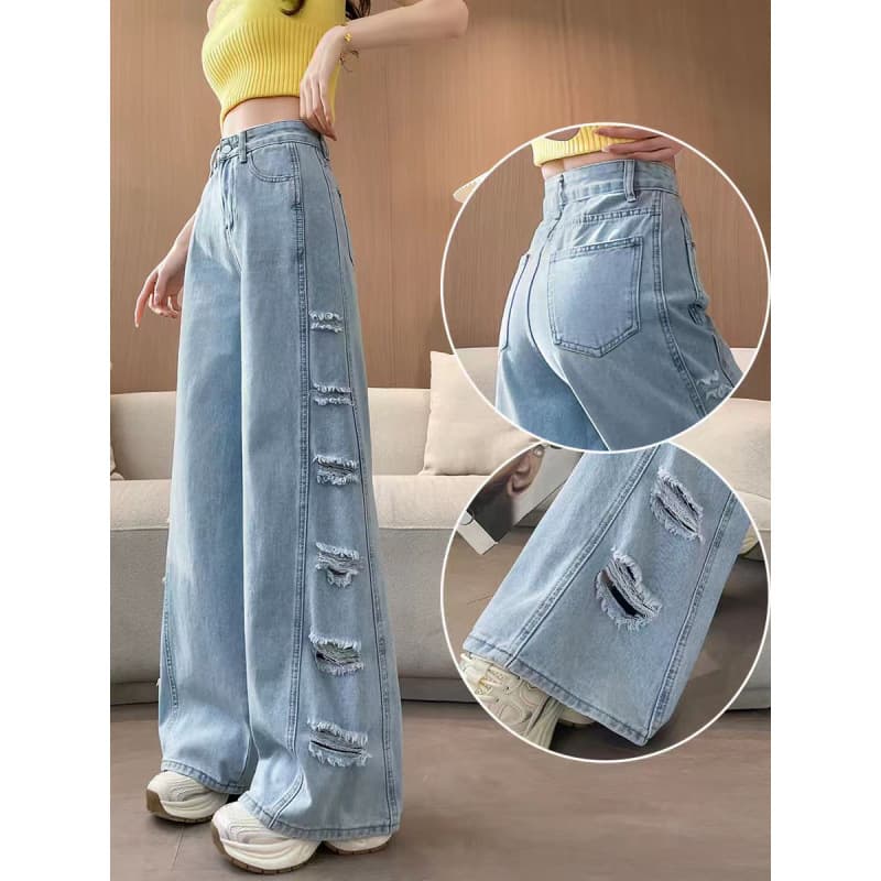 Designed side splicing brushed ripped jeans women's 2026 summer thin loose loose flesh-covering floor-length wide-leg pants