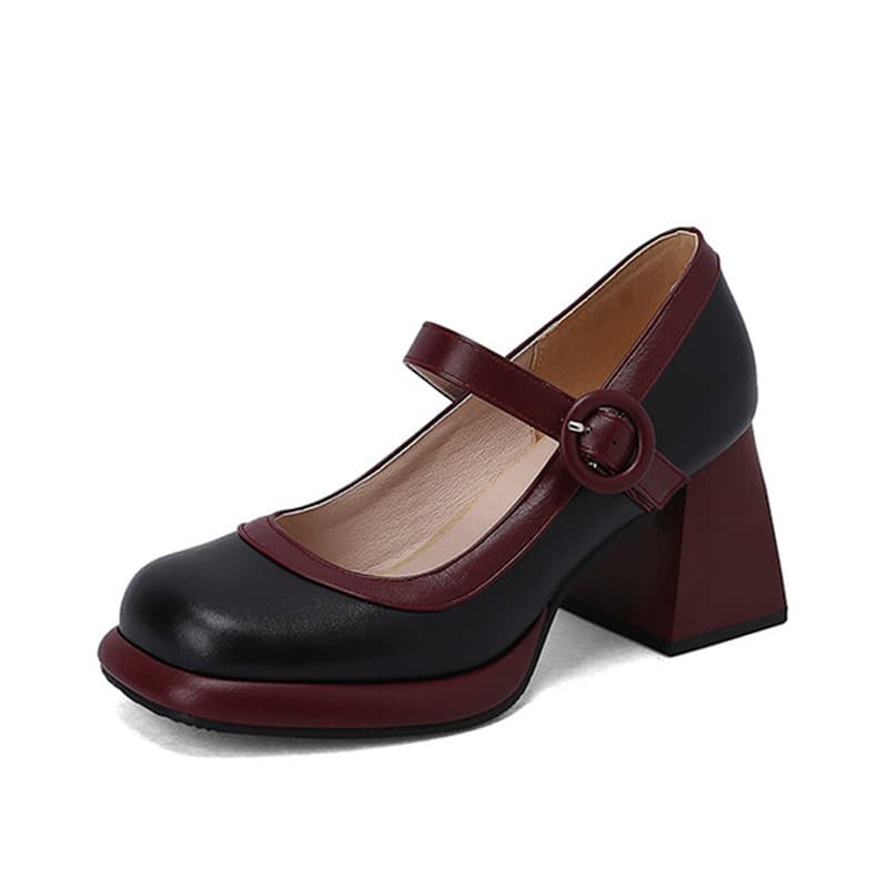 Mary Jane Shoes Color Blocked Square Toe Thick Heel Shallow Mouth Large Size Women's Shoes High Heels 7975-9