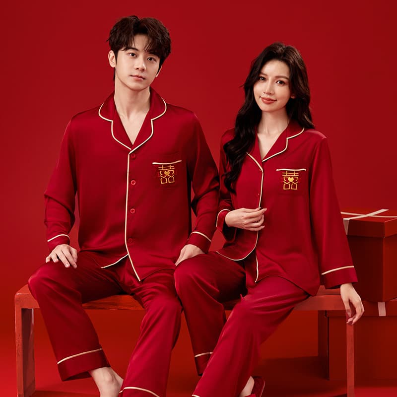 Pajamas Wedding Newlywed Couple Charmeuse Festive Red Spring Autumn Style Zodiac Year Men and Women Wedding Homewear Set