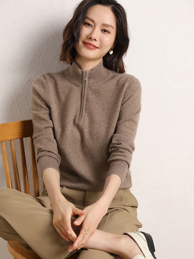 2024 autumn/winter new cashmere knit base layer women's can be worn outerwear semi-open zip neck pullover long-sleeve sweater thick