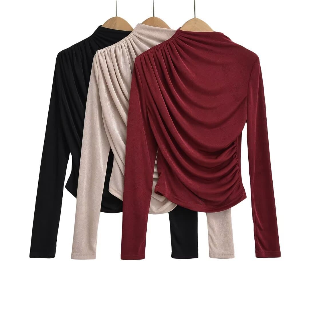 2024 Fall New Women's European and American Style High-Neck Ruffled Long-Sleeve Solid Color Slim Fit Short Crop Top T-Shirt
